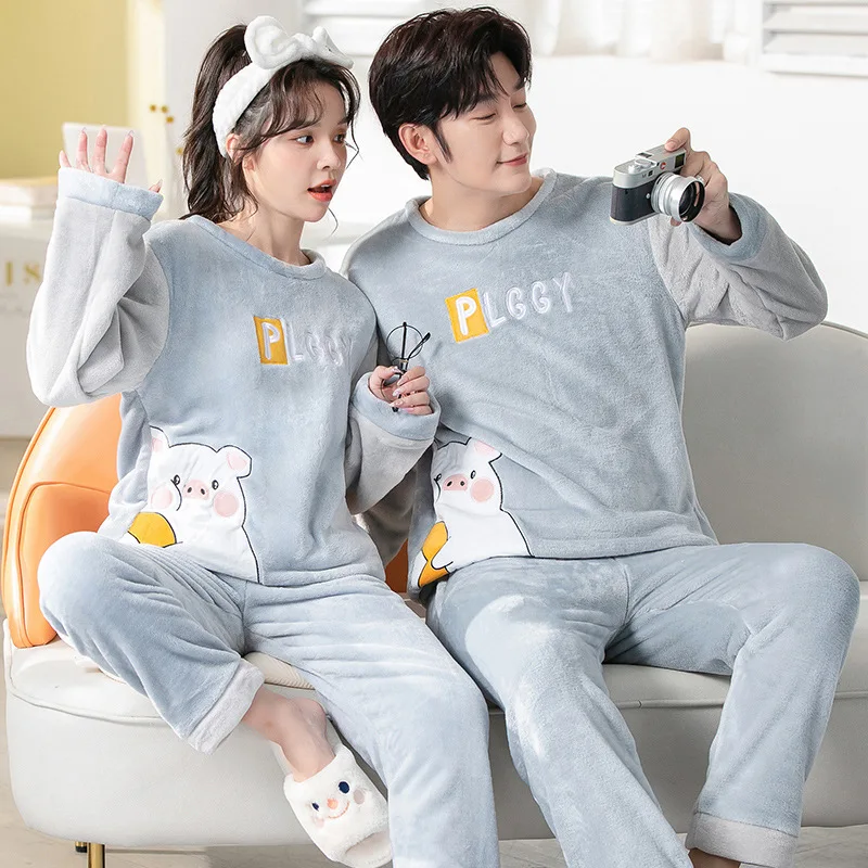 Autumn and Winter Thickened Warm Flannel Men Pajamas Two-Piece Round Neck Coral Velvet Long Sleeves Home Wear Couple Sleepwear