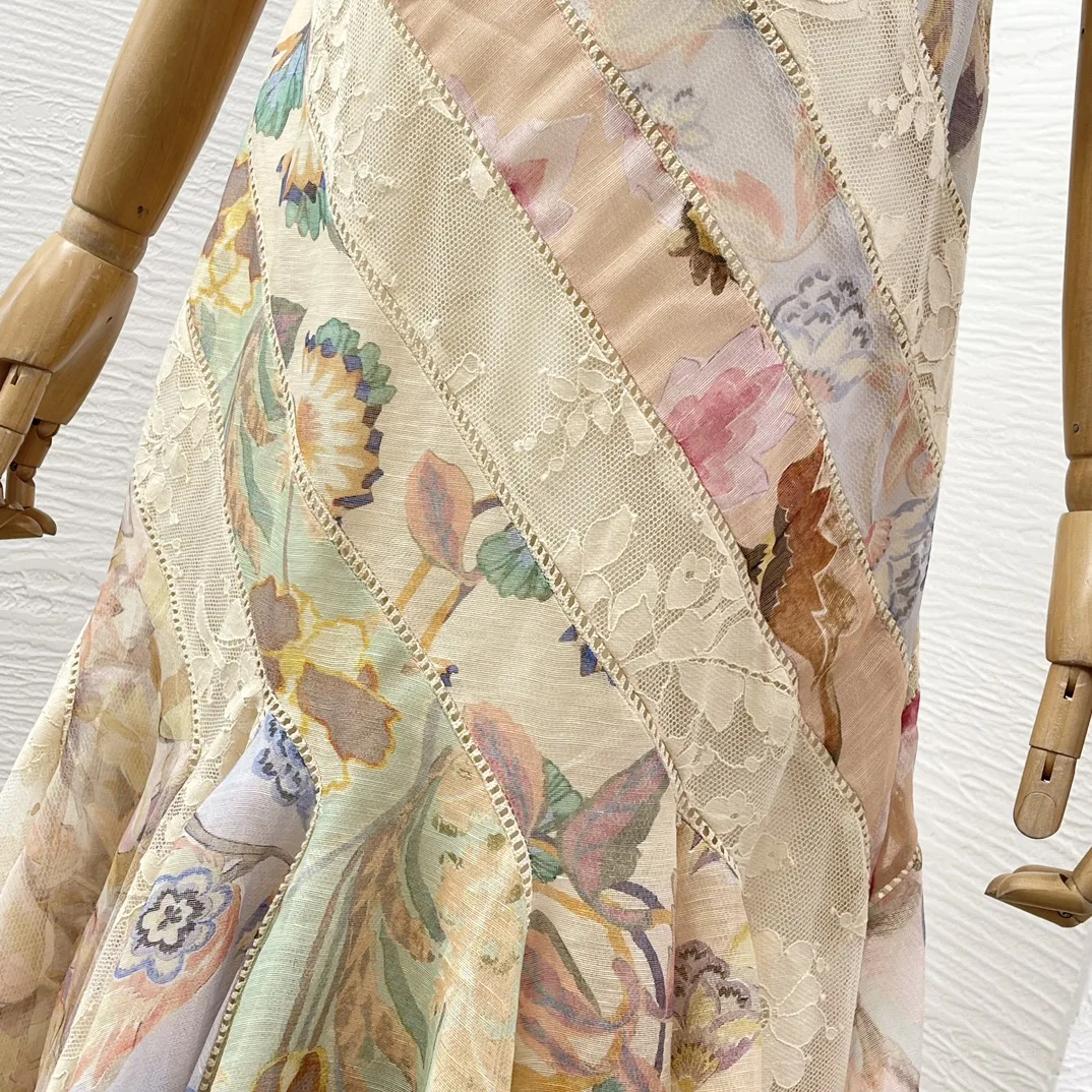 فستان ميدي بطباعة الأزهار بلون صور عصرية جديدة لعام 2025 بدون أكمام وظهر مكشوف وحاشية غير منتظمة