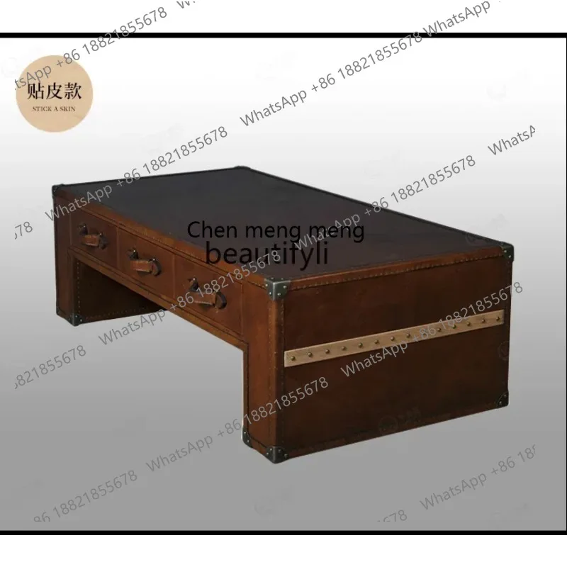 

ss7486 American medieval style coffee table retro old craftsmanship space aluminum leather rectangular tea table living room