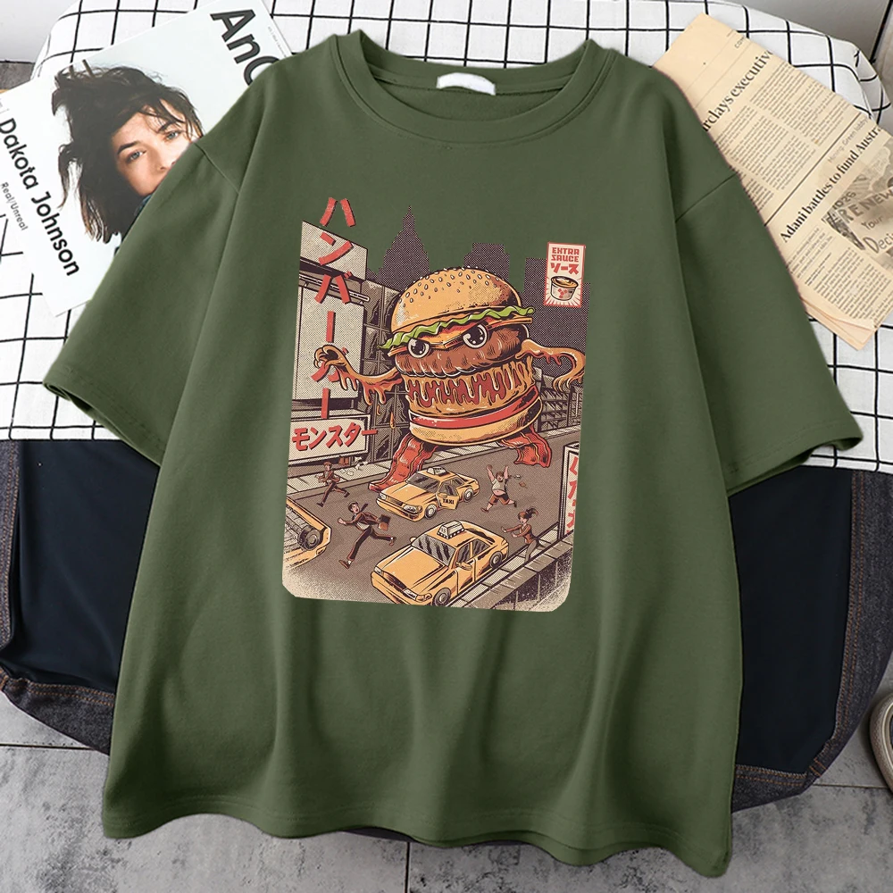 Ukiyoe Japan Style Burgerzilla Tee Shirt Harajuku Retro T Shirt Summer Street Tee Shirts Tops Casual Loose T Shirts For Mens