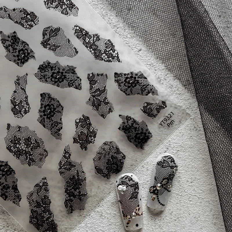 Vintage Leopard Print Five-petaled Flower Bowknot Dot Gauze Lace Floral Rhinestone Adhesive Nail Tip Art Sticker Manicure Decals
