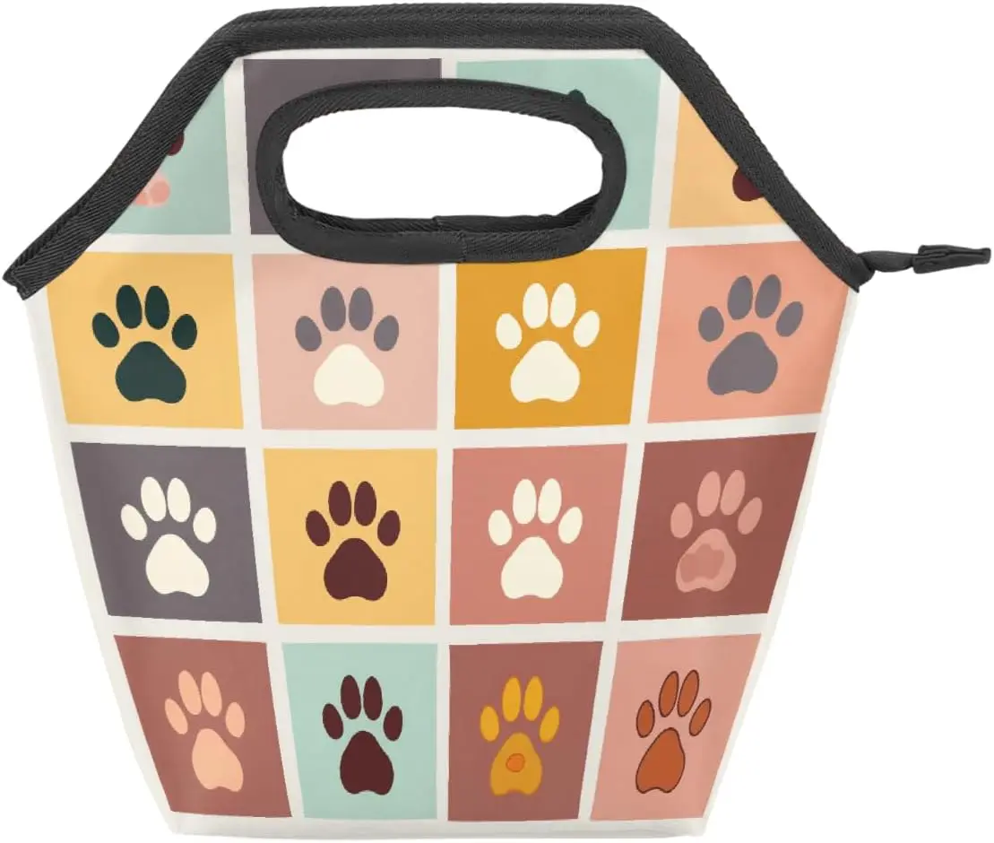 Lunch Bag Box Colorful Dog Cat Paw Print Plaid | Waterproof, Zipper, Leakproof, Lunch Tote Bags for Kids Girls Boys Women Men