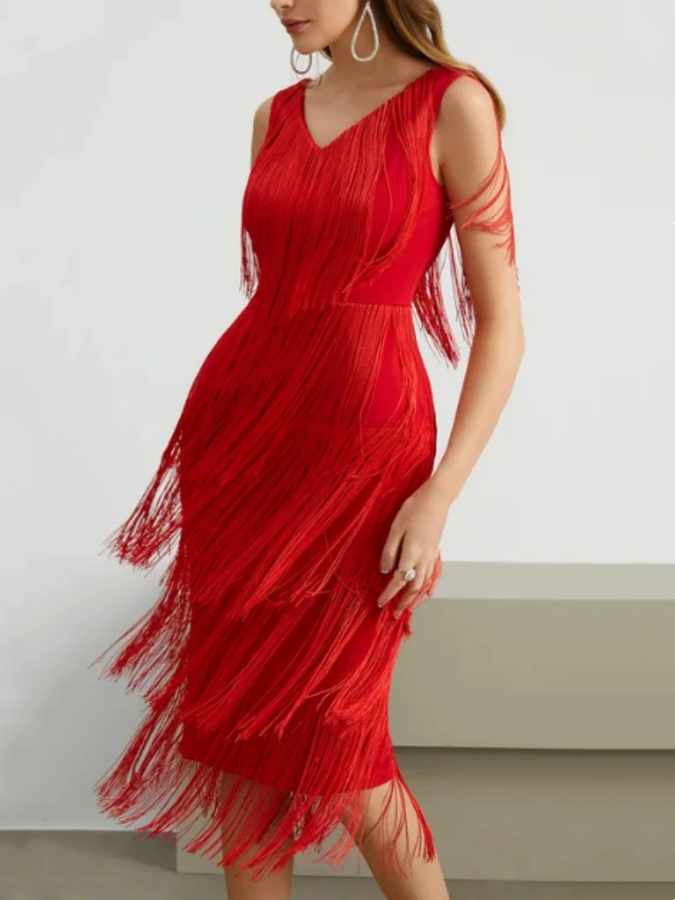 Red Tassel Dresses Party V Neck Sleeveless High Waist Women Fringe Dance Evening Birthday Gowns Sexy Club New Loose Robe