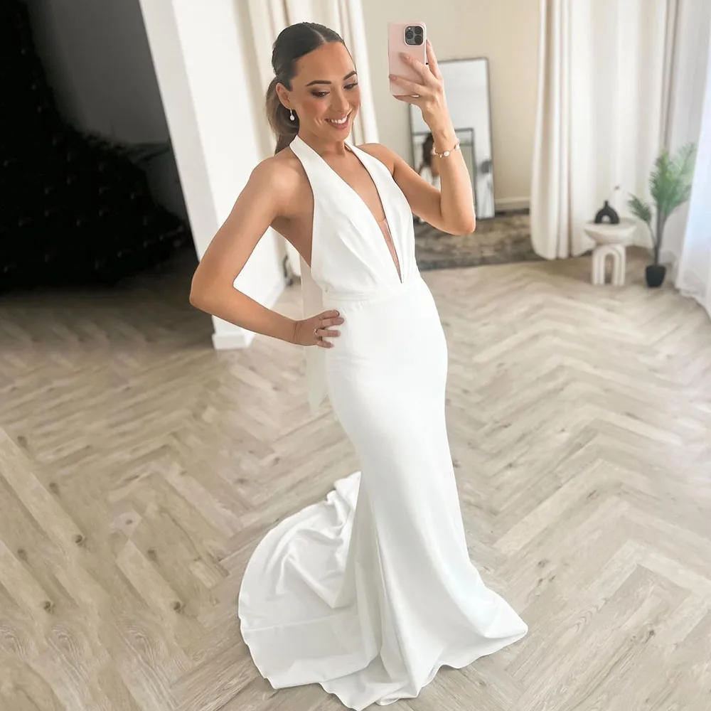 

Elegant Sexy Wedding Dress Simple V neck Backless Mermaid Bride Dress Sweet Train Halter Brides Wedding Gown Customized 2025