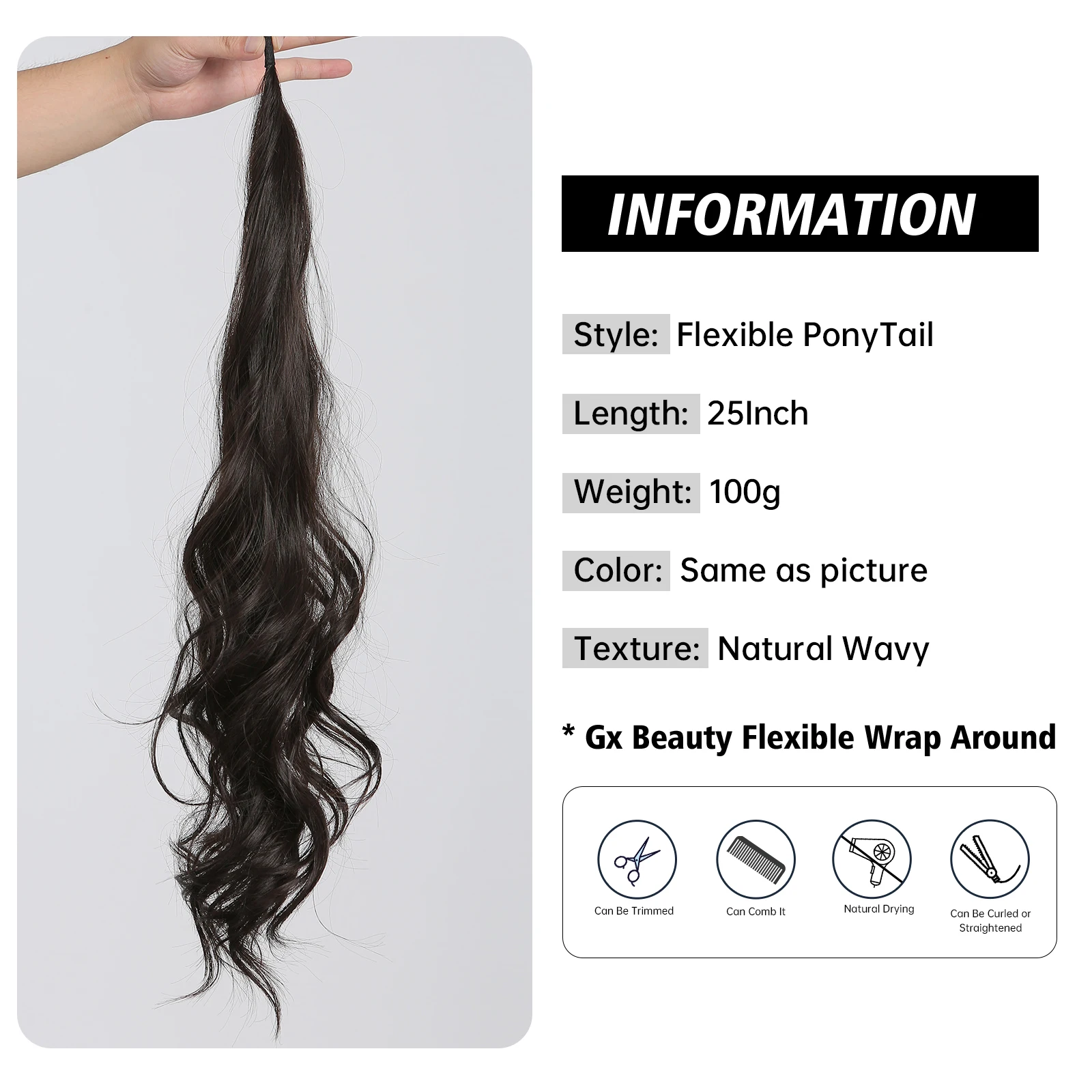 Black Synthetic Ponytail Long Wavy Flexible Wrap Around Fake Tail Hair Extensions for Women Fake Tail Hairpiece Daily Use