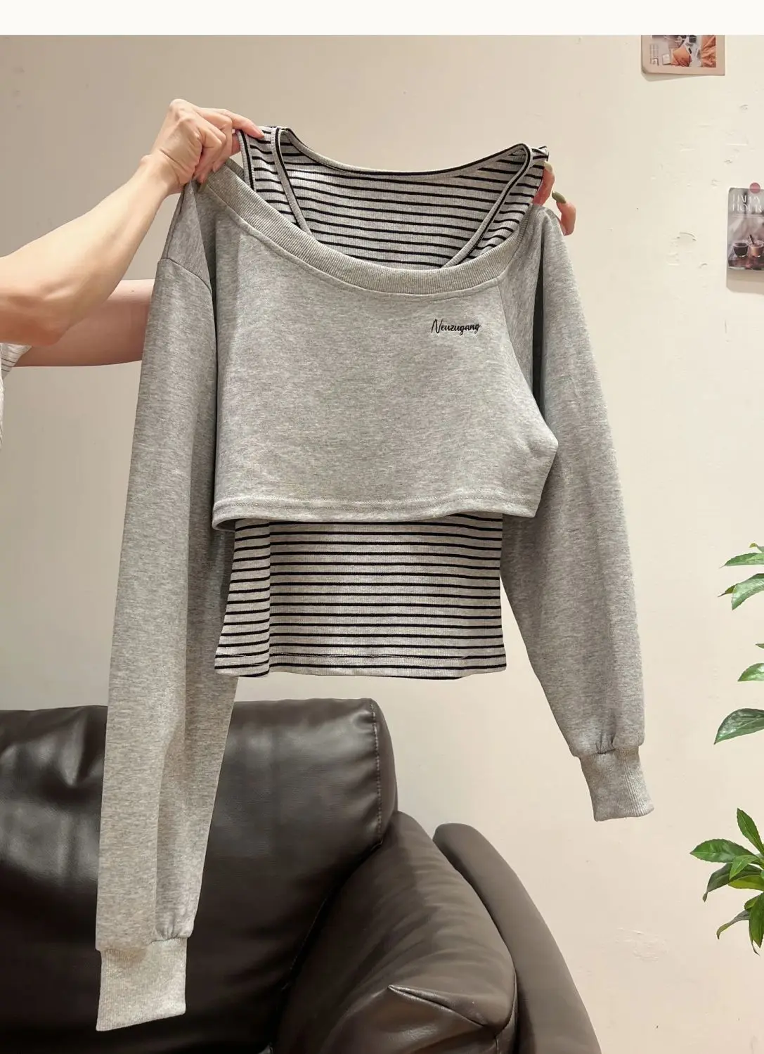 Designer Unique Off-shoulder Tops Women Two Piece Set Long Sleeve Striped Sweatshirt Fall Navy Hoodie Jacket Spring Outwear
