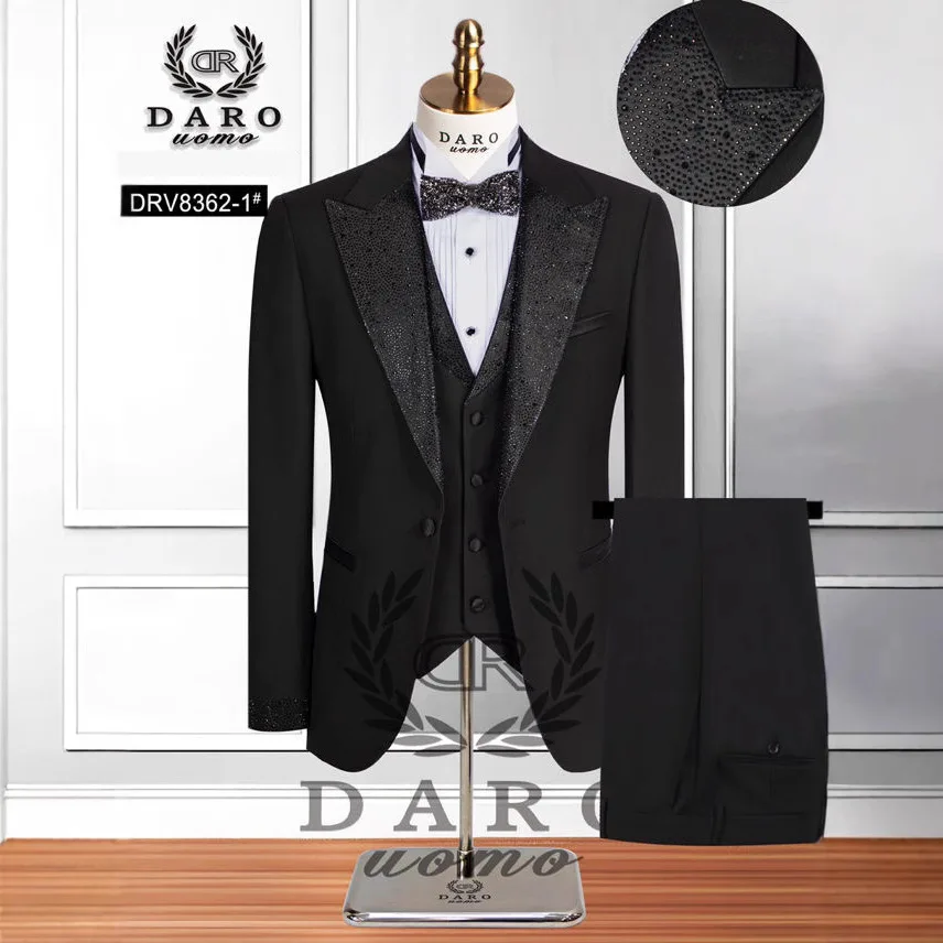 Brand Men's Suit Rhinestone Collar Host's Suits 3 Piece Set (Blazer+vest+Trouser) Wedding Office Party Prom Formal Dress Suit #4