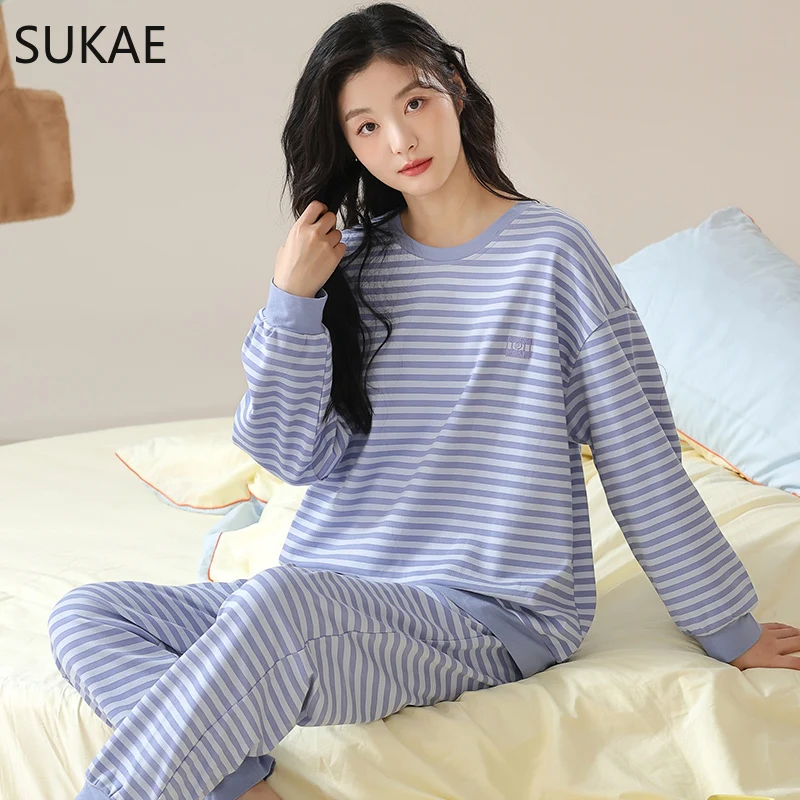 SUKAE Spring New Women Pajamas Set Casual Girls Sleepwear Leisure Loungewear Lady\'s Pijamas Long Sleeves Faux Cotton Nightwear