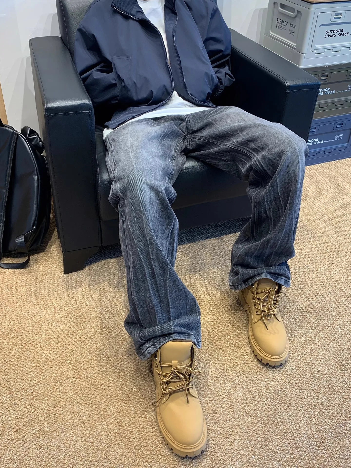 

Мужские джинсы с рисунком молнии в американском стиле High Street, прямые утягивающие расклешенные брюки на осень с большими желтыми сапогами