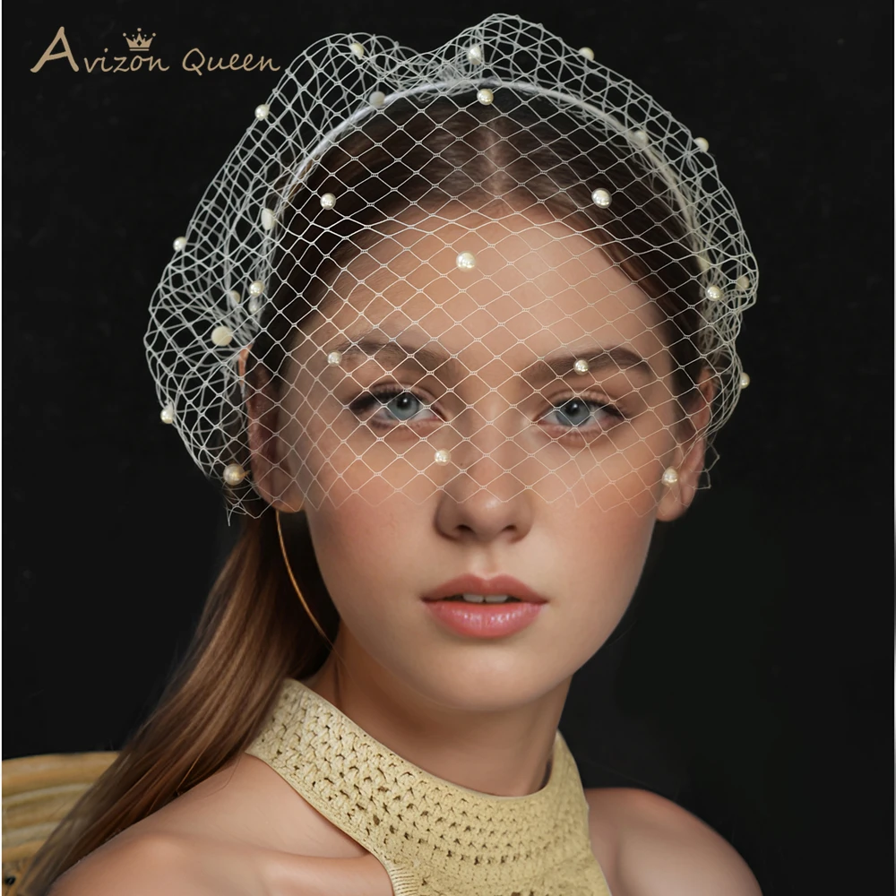 

Classic Pearl Embellishments Bridal Veil Wedding Accessories White Netting Birdcage Veil Ladies Headband Outdoor Holiday MA28