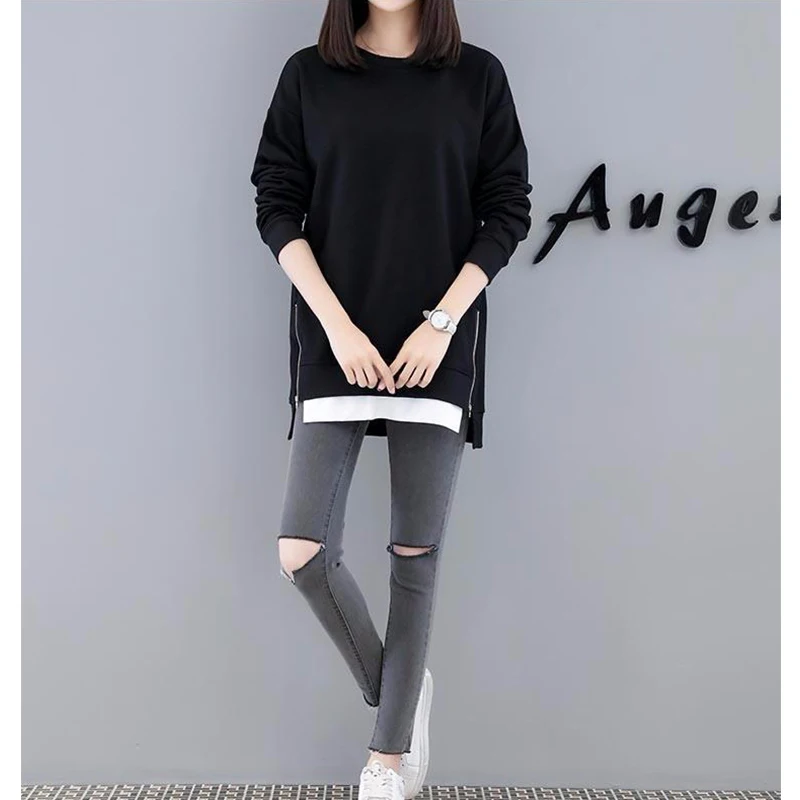 Korean O Neck Black Zipper Patchwork Tunic Pullover Top Female Casual Loose Long Sleeve Streetwear Sweatshirt Women Clothing 4XL