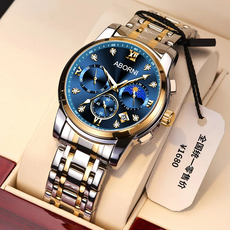ABORNI Men's Watches Classic Multifunctional Chronograph Original Quartz Wristwatch Moon Phase 24 Hour Waterproof Clock Reloj