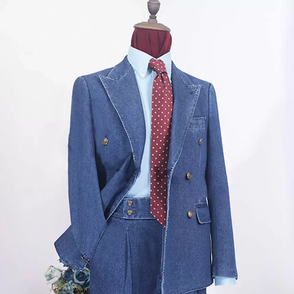 

Chic Denim Suits for Men 2 Piece Fashion Peak Lapel Double Breasted Wedding Tuxedo Slim Blazer Sets Latest Design Men's Suit