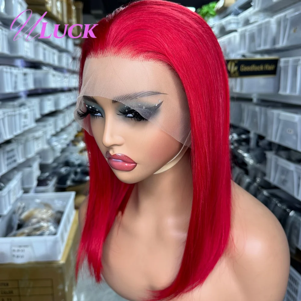 วิกผมบ๊อบตรงสีแดงอูลัค ผมแท้บราซิล 100% ความหนาแน่น 200% วิกผมลูกไม้ด้านหน้า 13x4 สวมใส่ได้ทันทีสำหรับผู้หญิง