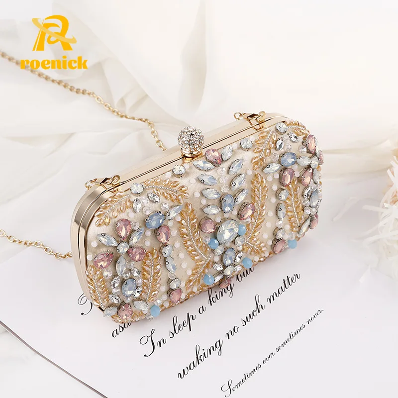 

ROENICK Women Colorful Beaded Evening Bags Luxury Designer Wedding Party Rhinestone Purse Handbags Cocktail Banquet Chain Clutch