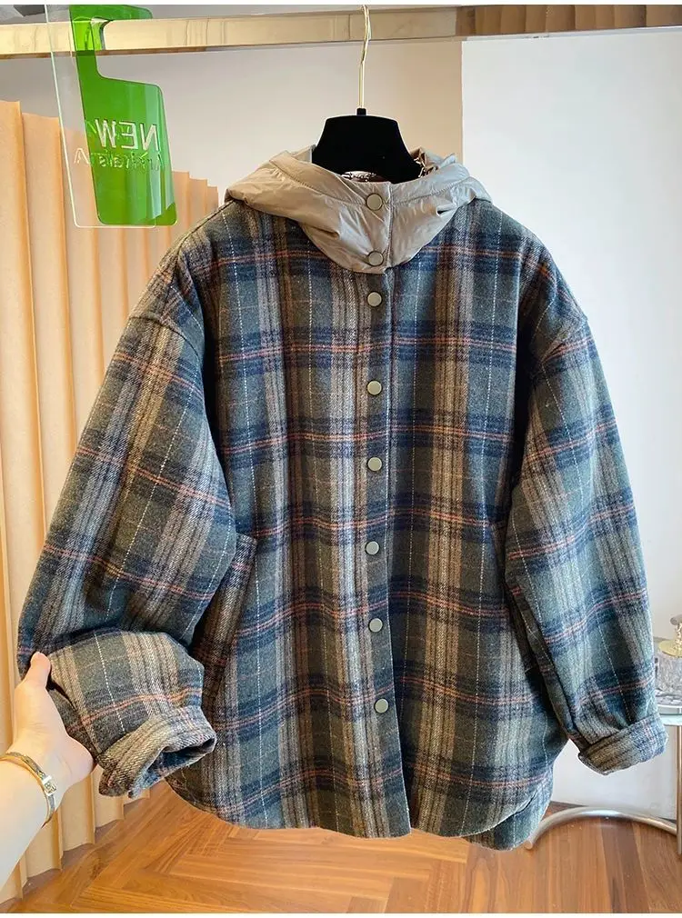 

Мужская осенне-зимняя свободная универсальная куртка большого размера из хлопка в ретро-клетку с капюшоном, шерстяная, для ношения как внутренний или внешний слой