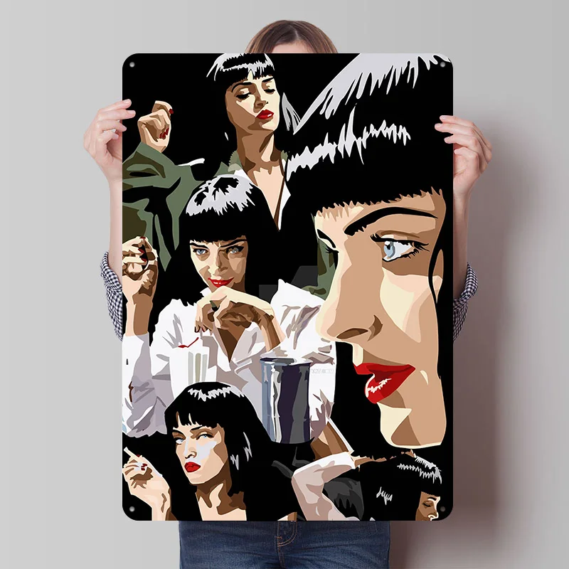 Mia Wallace Pulp Fiction Tin Plaque Poster Customized Retro Wall Art Vintage Metal Signs for Room Office Decor Decoration Garage