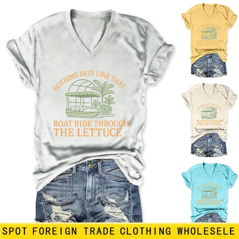 

Женская футболка с V-образным вырезом и буквенным принтом, с короткими рукавами — летний свободный, облегающий, универсальный топ.