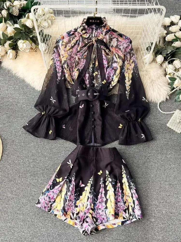 Women's Outfits Bright Silk Chiffon Shirt Blouse Top + Belt Shorts Two Piece Sets Summer Holidays Lavender Flower Shorts Suit