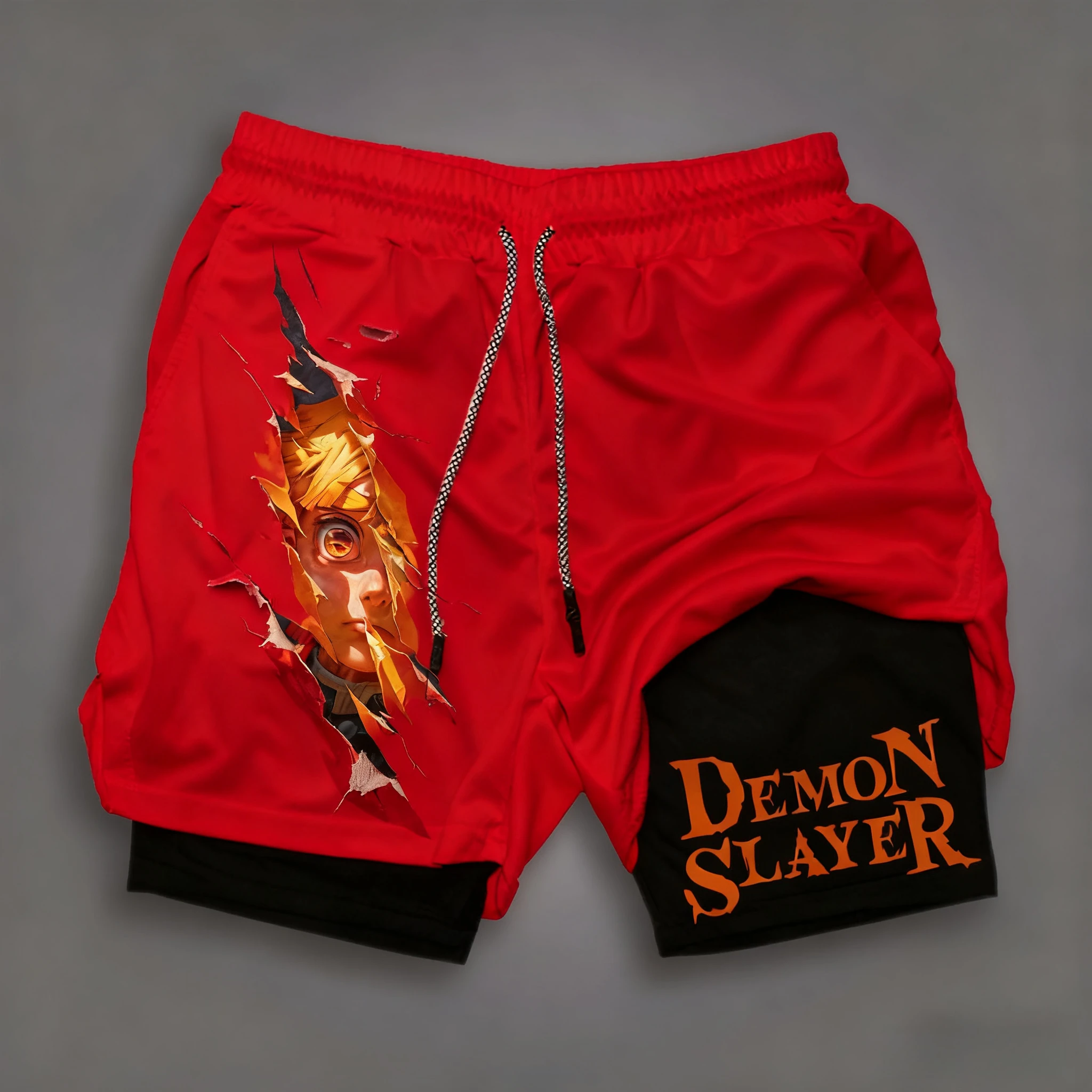 2025, Demon Slayer Anime Print Dubbellaagse shorts, Amerikaanse zomerfitness losse en modieuze shorts voor heren en dames