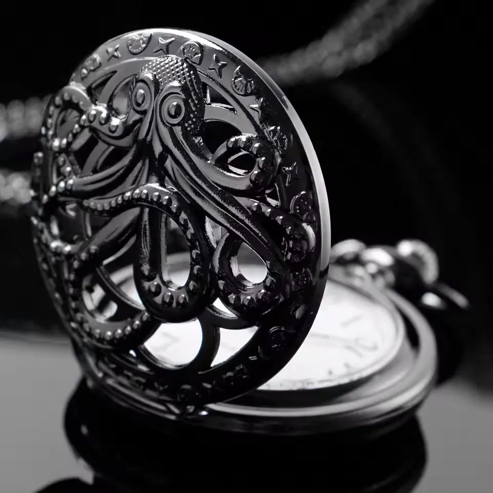 Vintage Punk Black Octopus Creative Flap Quartz Pocket Watch  Pendant Necklace Men's Children's Gift image 3
