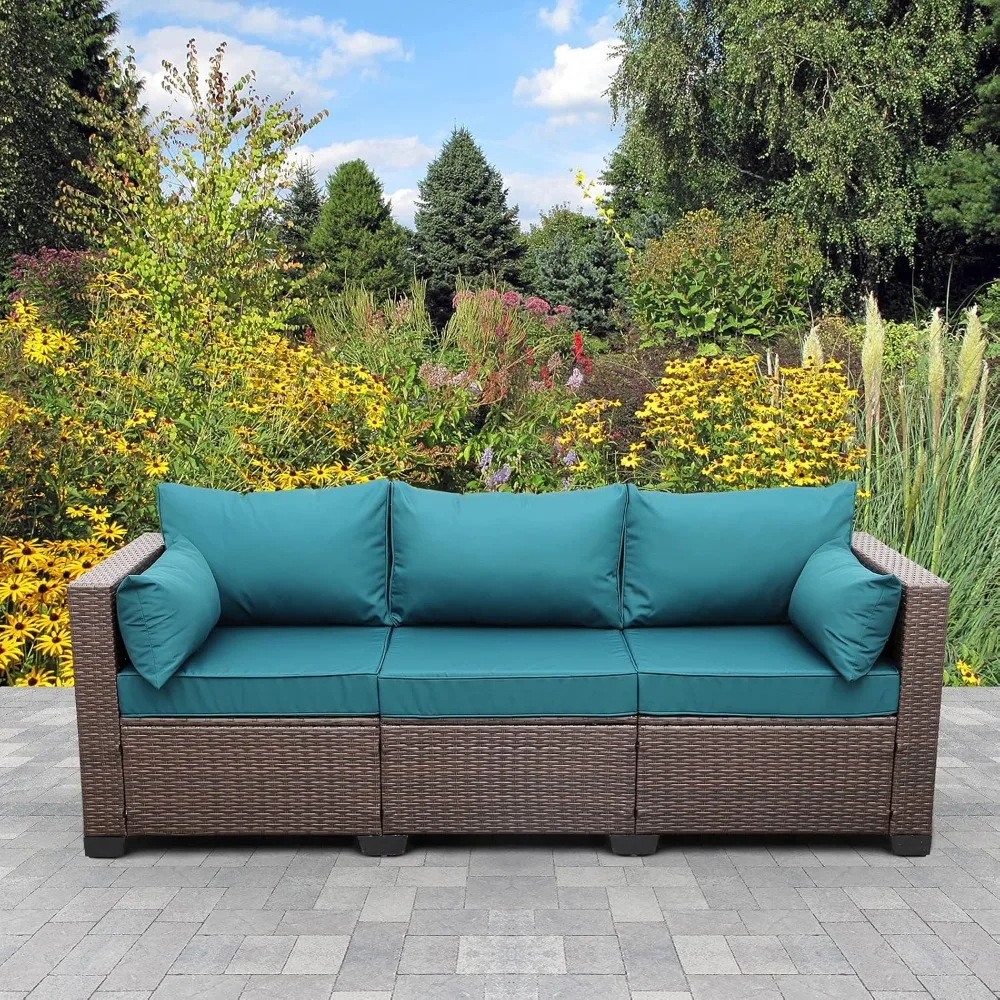 Patio Couch PE Wicker 3-Seat Outdoor Brown Rattan Sofa Deep Seating Furniture with Non-Slip Peacock Blue Cushion