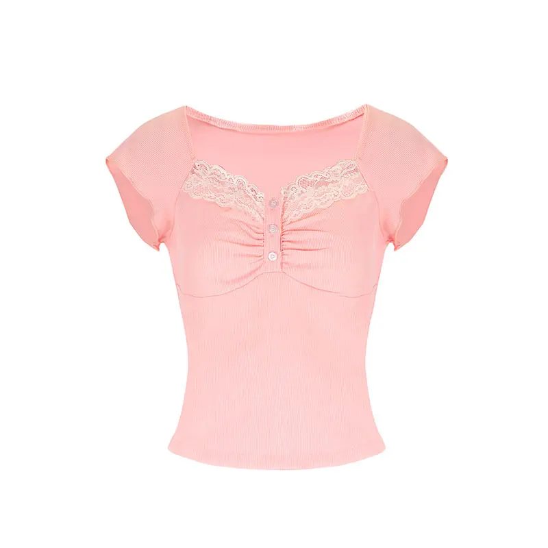 ピンクの甘い女性用Tシャツ 夏の新作 無地 セクシーなレース VネックTシャツ ストリートウェア ファッション 半袖 カジュアル スリムTシャツ トップス 服