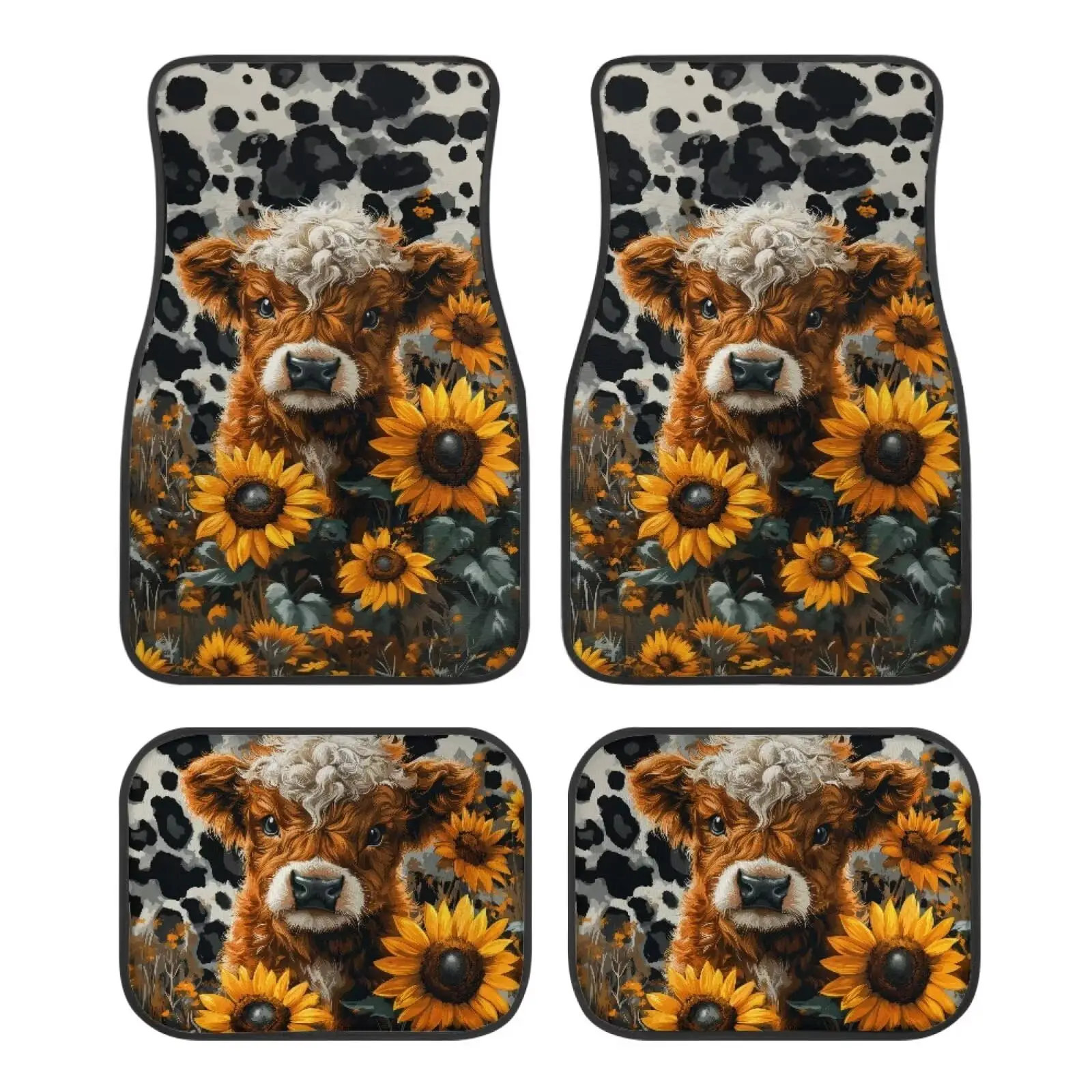 

Cute Calf And Sunflower Print Car Floor Mats Set Of 4 Non-Slip Automotive Carpet For Sedan SUV Truck