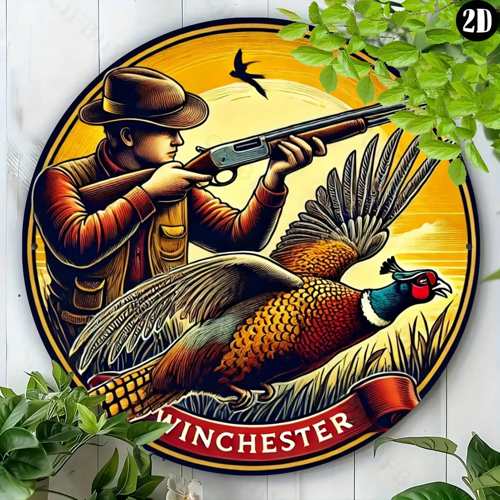 Vintage Winchester Pheasant Hunting Metal Tin Sign, Retro Hunter with Shotgun and Flying Pheasant Round Wall Art Decor, Classic