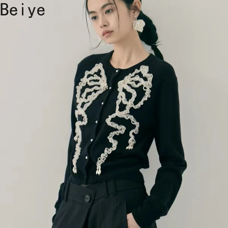 Vintage Women Black Knit Cardigan Long Sleeve Ruffle Lace Bow Sweater Coat Lady Tassel Single Breasted Sweater Outerwear