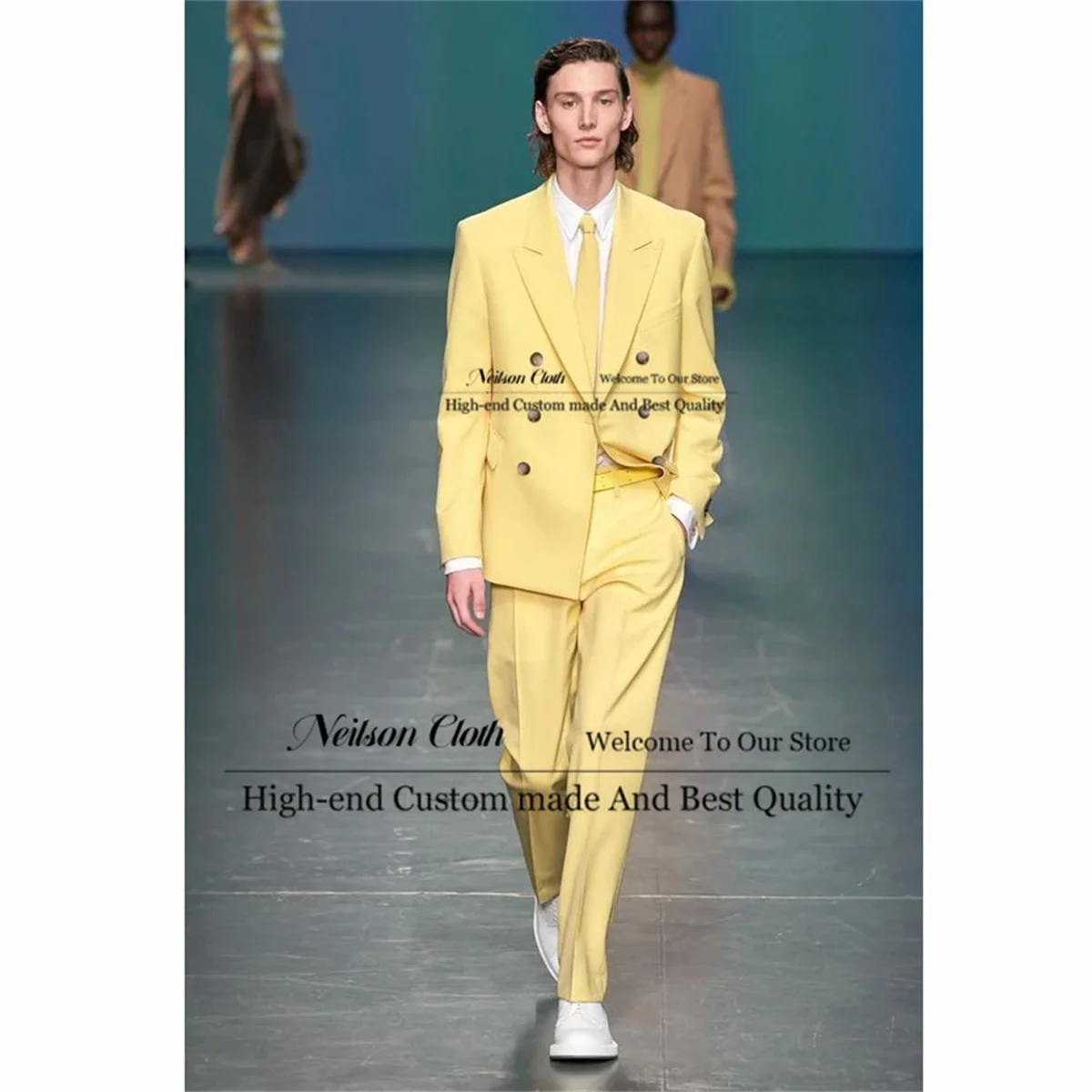 

Fashion Yellow Male Prom Blazers 2 Pieces Sets Peaked Lapel Groom Wedding Tuxedos For Men Loose Double Breasted Costume Homme