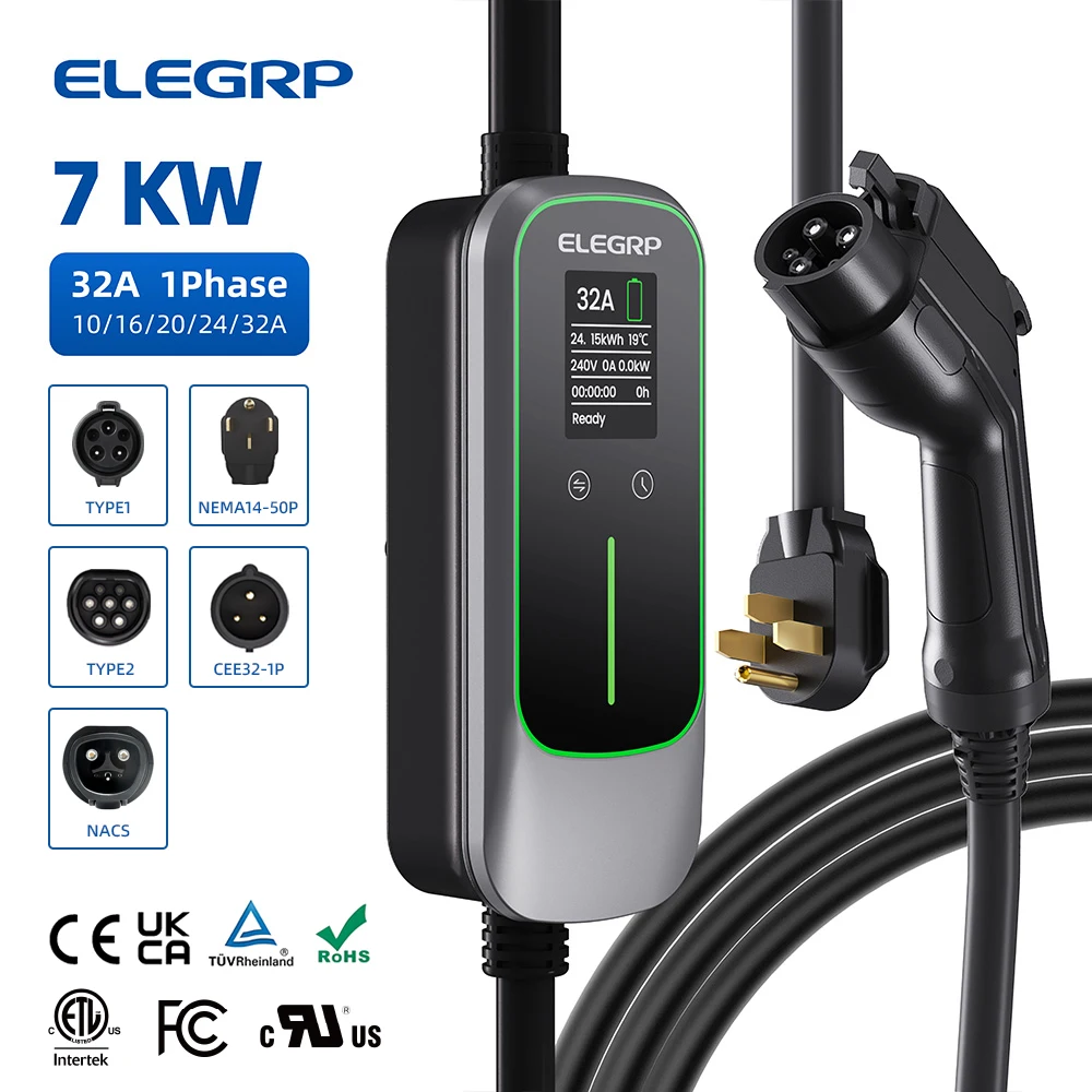 Carregador portátil para veículos elétricos ELEGRP 32 Amp, estação de carregamento móvel doméstica para todos os carros elétricos J1772