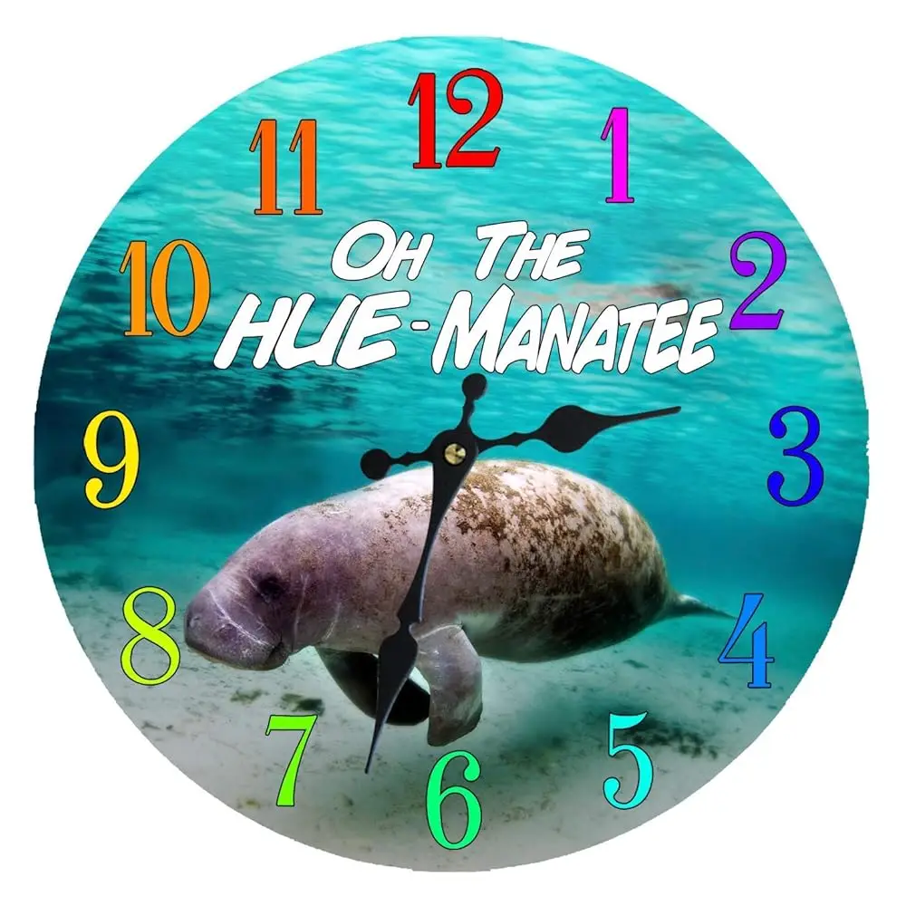 

13"" Glass Manatee Wall Clock, Multicolor, Perfect For Kitchen, Bathroom, Office, Bedroom, Outdoor, Battery Operated, Tropical,