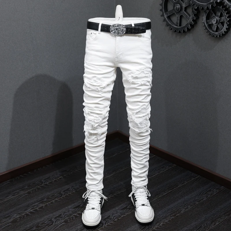 

Designer High Street Fashion New Men's White Jeans Elastic Slimming Retro Washed Patch Jeans Hip Hop Brand Pants Hombre