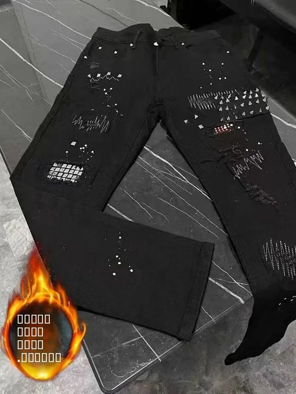

Men's High Street Splashed Ink Denim Jeans Autumn Winter Fleece Straight Leg Washed Rivet Trendy Long Pants Thickened