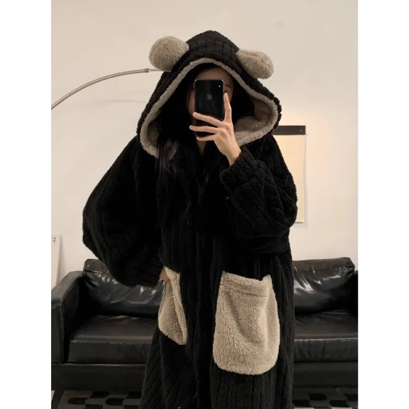 Bear Coral Velvet Long Robe Female Autumn and Winter Models Padded and Thickened Hooded Pajamas Winter Homewear Outer Wear women