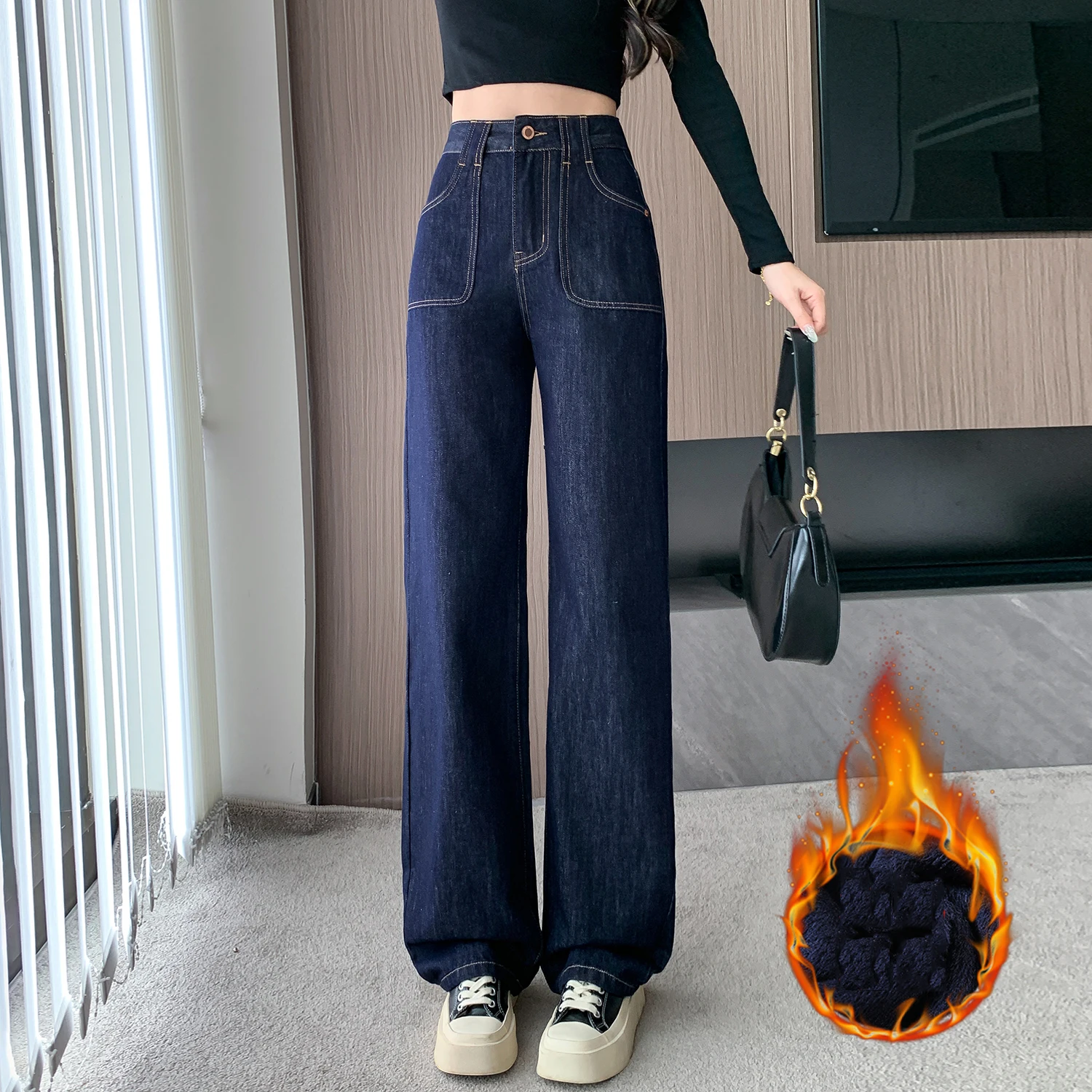 الشتاء رشاقته الصوف عالية الخصر واسعة الساق الجينز مستقيم قطع الطابق طول السراويل الصيف المرأة الجديدة Faion التخسيس #3