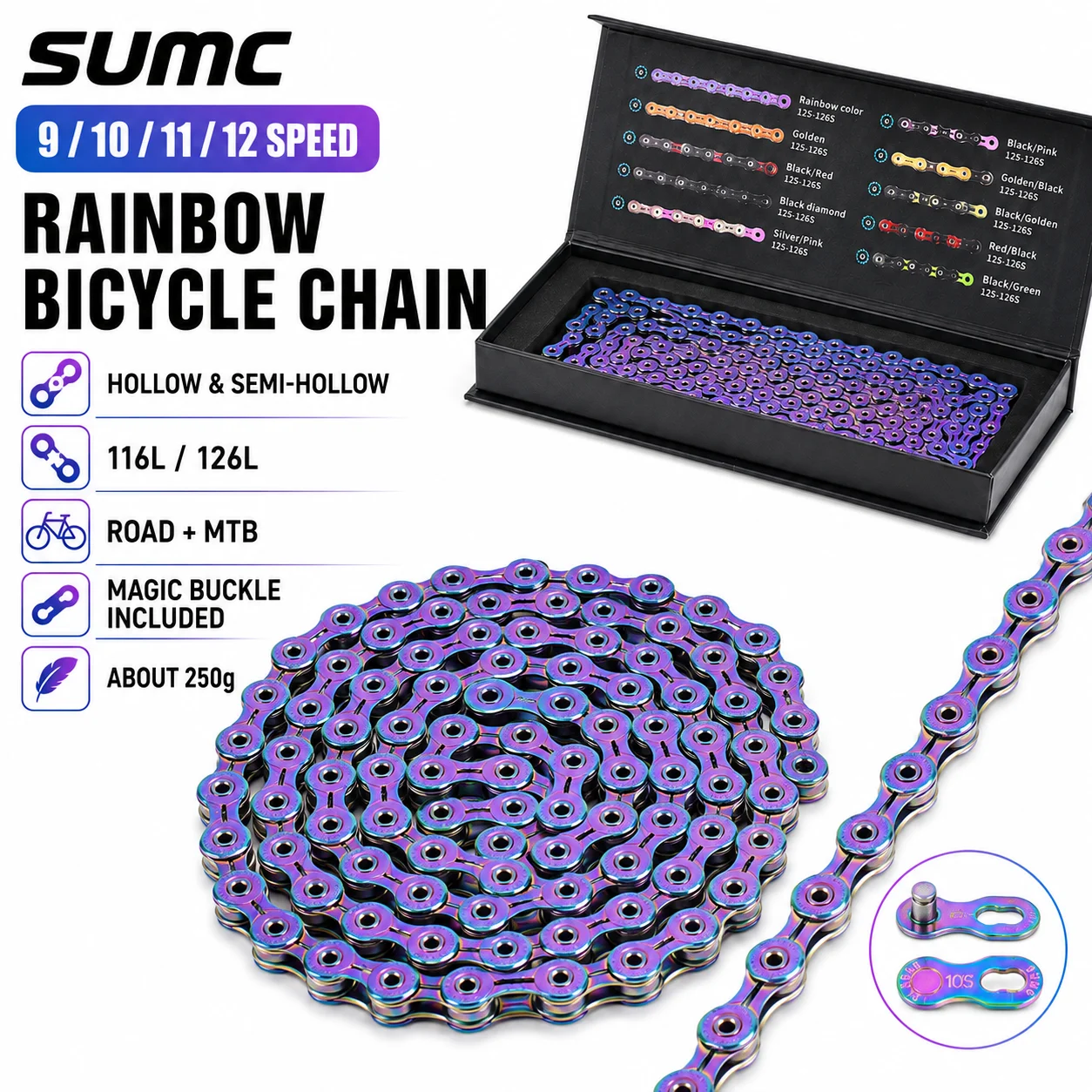 SUMC Rainbow Fahrradkette 9/10/11/12-fach 116L/126L, hohl und halbhohl, mit Magic Buckle MissingLink Kettenschloss für MTB und Rennrad