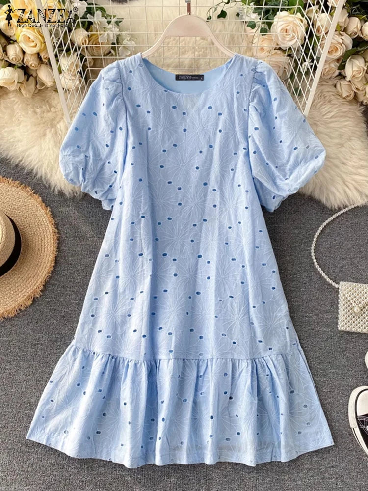 ZANZEA Sweety Girl Solid Dresses Fashion Lace Emboridery Mini Vestidos Women Short Puff Sleeve Robe 2024 Korean Pleating Dress