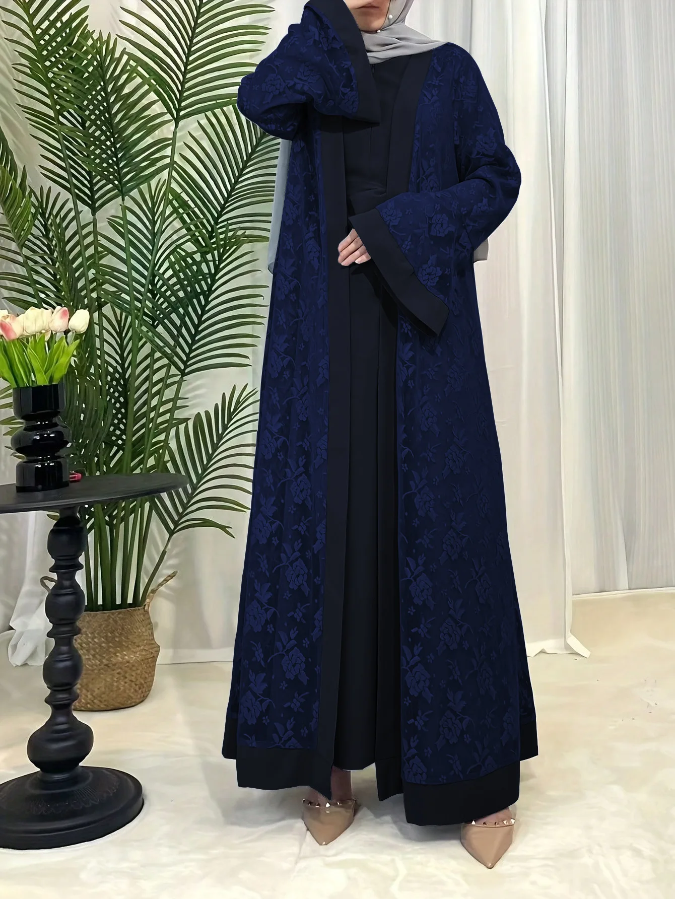 

Eid 2 Piece Sets Abaya Lace Dress Cardigan Robe Suit Women Arab Muslim Dubai Ensemble Vestidos Open Abayas Outfits Jalabiya