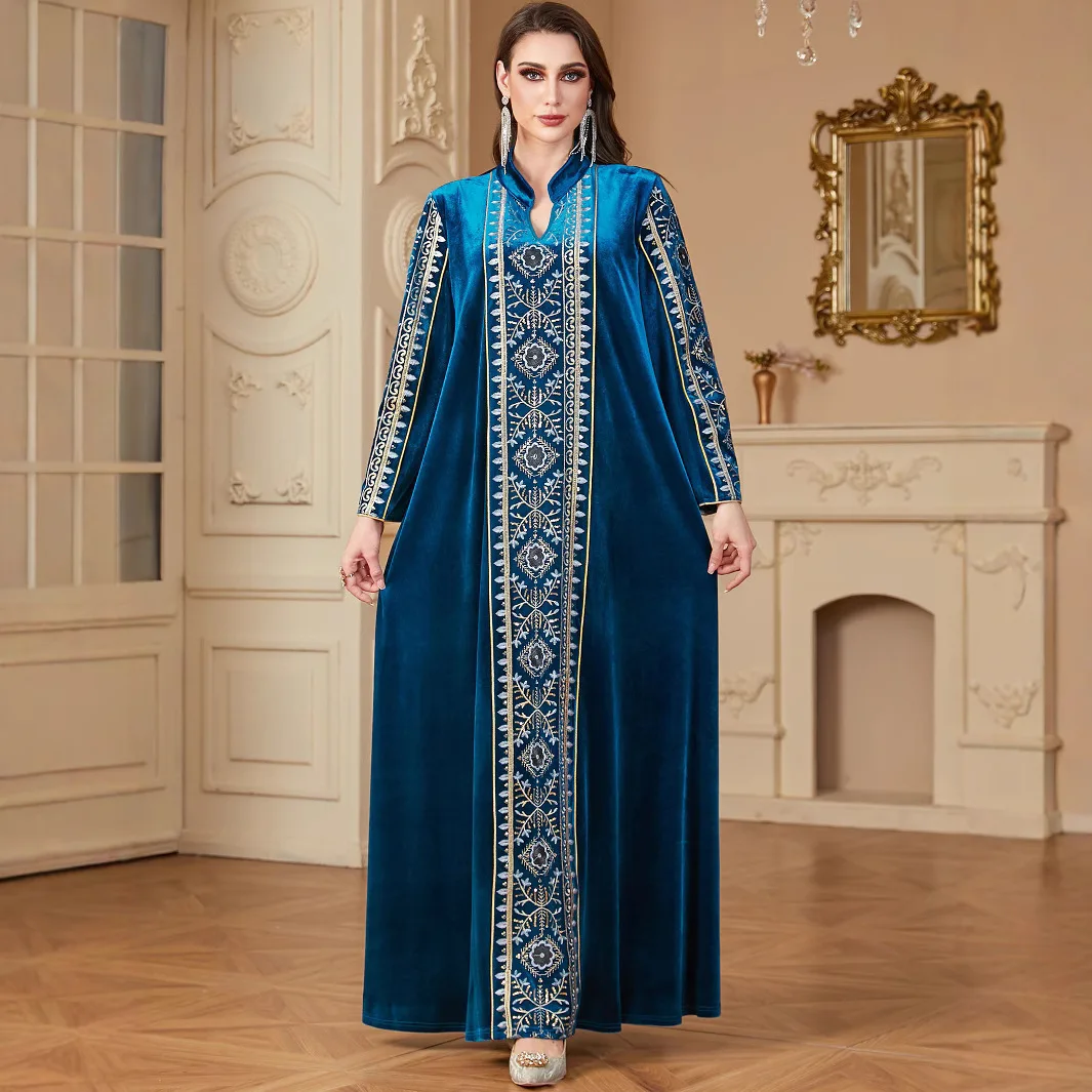 4202 Women's Robe Heavy duty Embroidery Splicing Muslim Dress V-neck Dubai Long Dress