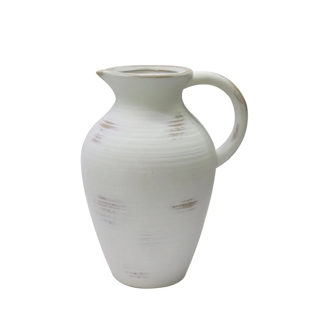 

Hand Brushed Washed Ceramic Pitcher Vase, 12", White