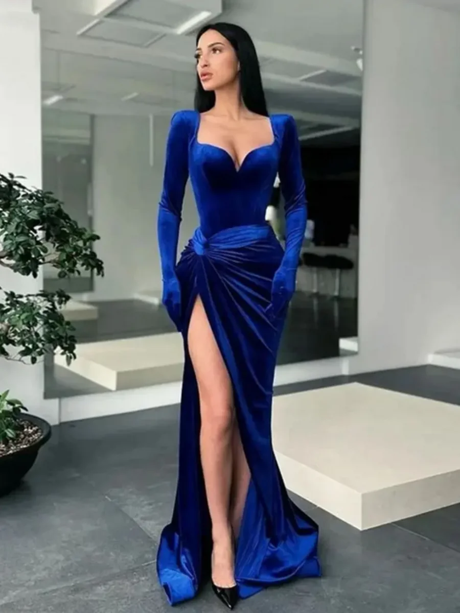 Sexy Royal Blue  Evening Gowns No Gloves High Slit Dubai Party Gowns Velour Mermaid Prom Dresses Pleat Long Sleeves Sweetheart