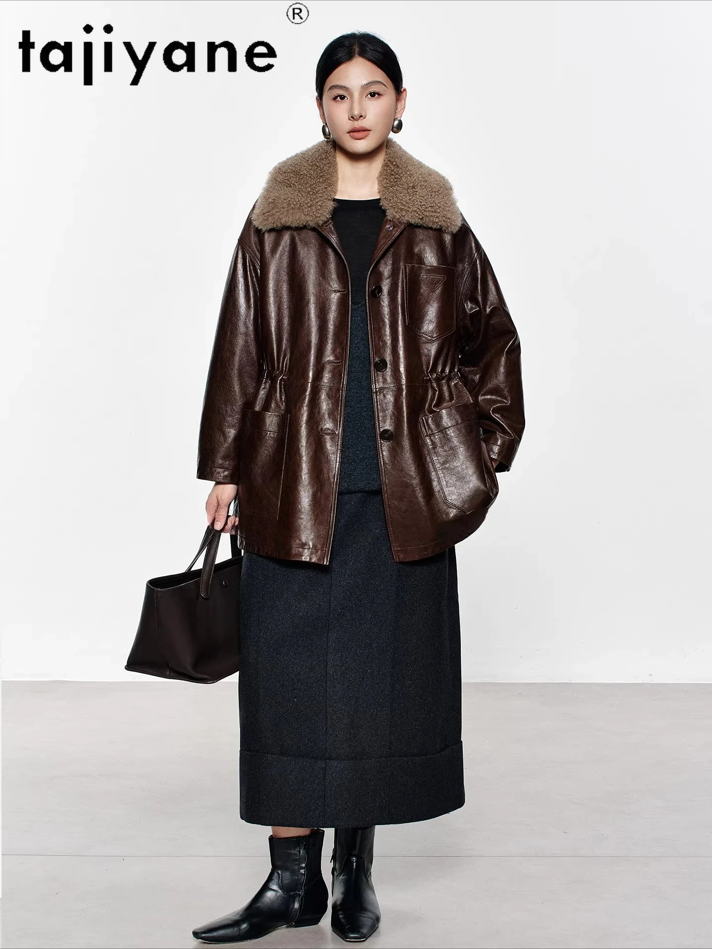 TAJIYANE 本物の羊皮キャメルダウンコート女性カシミヤ襟パファージャケットミッドレングス本革ジャケット 2025 冬服