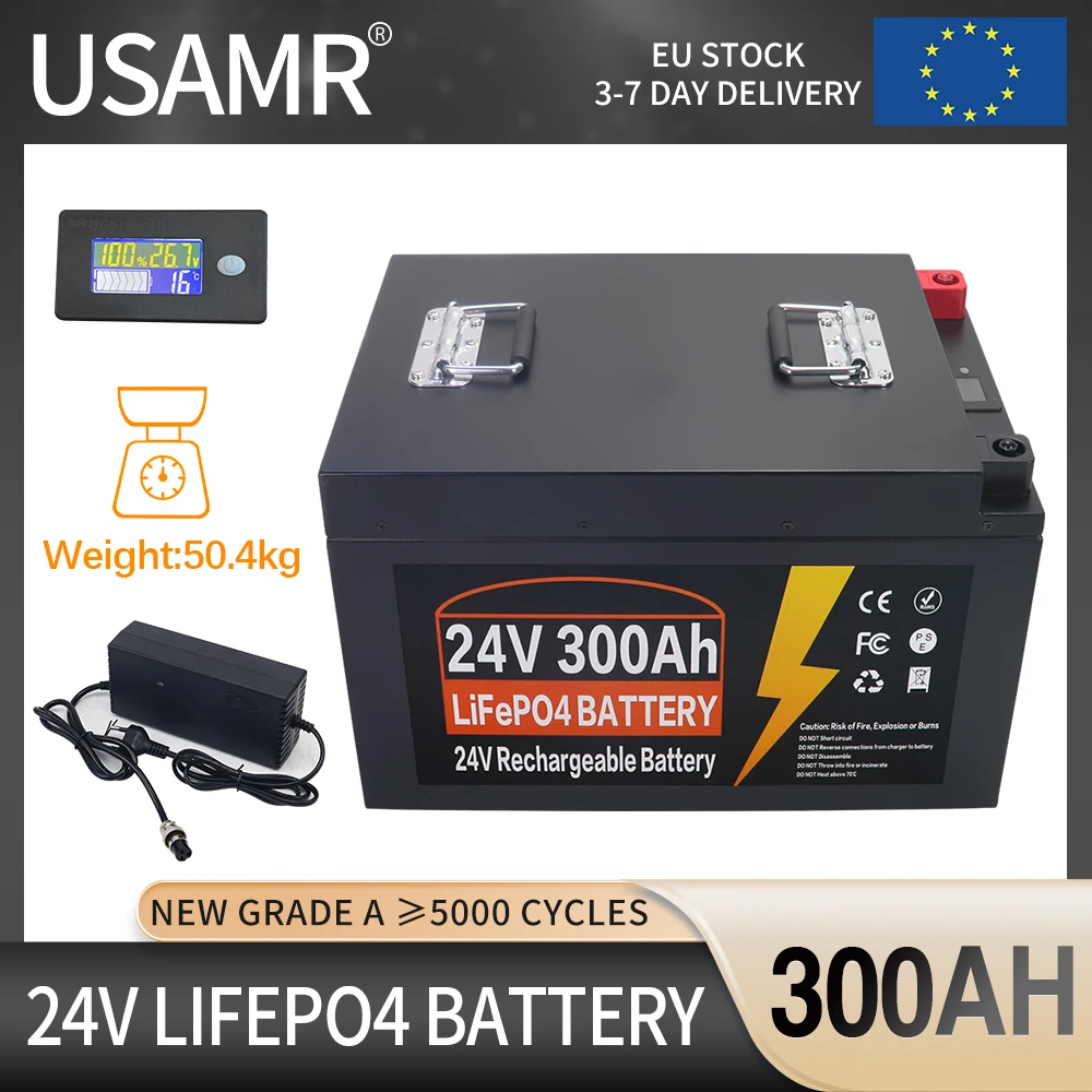 

24V 300AH LiFePO4 Cells Pack Built-in BMS Lithium Iron Phosphate Battery 6000 Cycles For Golf Cart RV Campers Solar With Charger