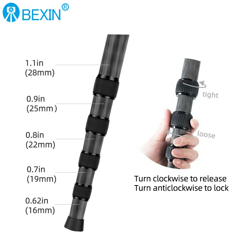 BEXIN P285C New Portable Lightweight Carbon Fiber Camera Monopod Durable Monopod for DLSR Phone Camera