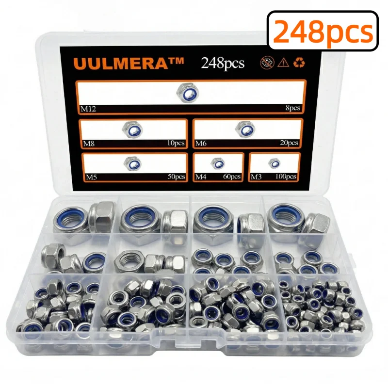 UULMERA 243/248/252/pcs 304 Stainless Steel Nylon Lock Nut Assortment  M3-M12 Hex Self-Locking Insert Stop Nut Silver Anti-Slip