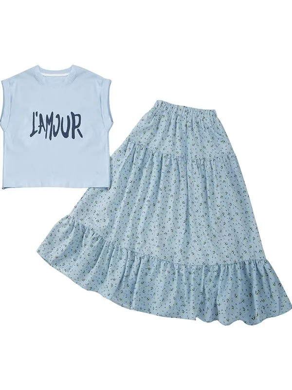 

Trendy Girls Summer Outfit f-Skirt Set Two-Piece Ensemble Casual Floral Print Top And Skirt Combo for Kids Ages 3-4