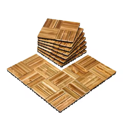 Interlocking Deck Tiles Solid Wood 10 Pack 12"x12" Camphor Pine for Porch, Outdoor Flooring