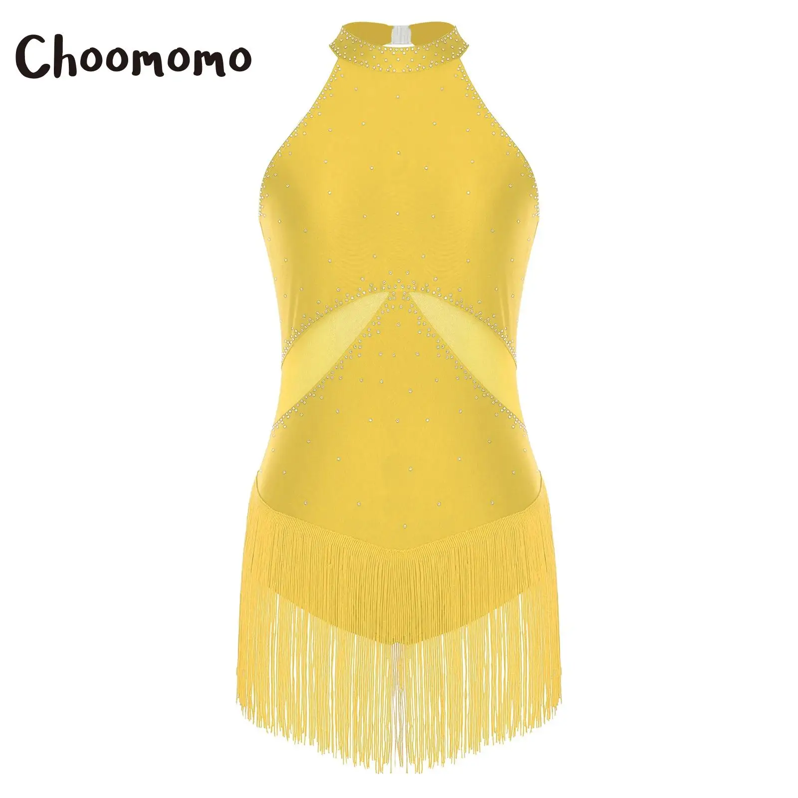 

Womens Round Neck Sparkly Rhinestone Latin Chacha Mesh Patchwork Back Hollow Out Tassel Dance Leotard Dance Jumpsuit